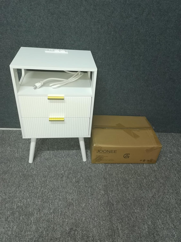 White Nightstand with Charging Station and LED Lights,Modern Bedside Table with 2 Storage Drawer and Open Wood Shelf
