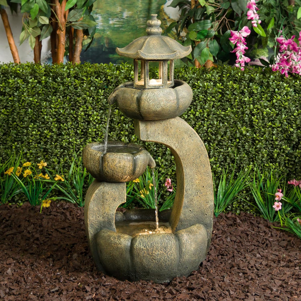 32" Tall 2-Layer Pagoda Polystone Fountain with LED Lights, Cascading Waterfall, Outdoor Garden and Patio Water
