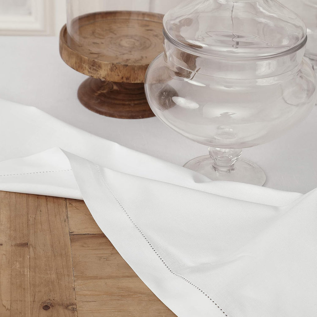White Tablecloth 58 x 104 Inch - Cotton Linen Hemstitch Rectangular Tablecloth - Machine Washable Ta