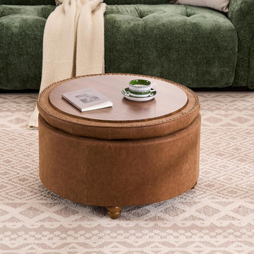 28" Faux Leather Round Storage Ottoman Coffee Table with Tray, Brown