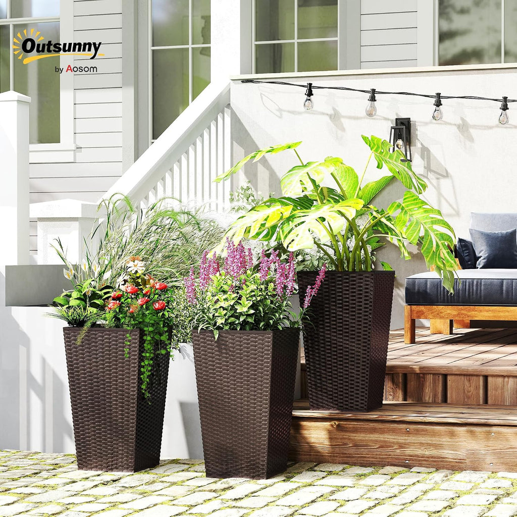 24 in Taper Tall Planters for Outdoor Plants Set of 3, Brown | with Drainage Holes, Rattan Decor Plant Pots, Indoor