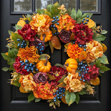 24 Inch Artificial Fall Wreaths for Front Door with Hydrangea Peony Pumpkin
