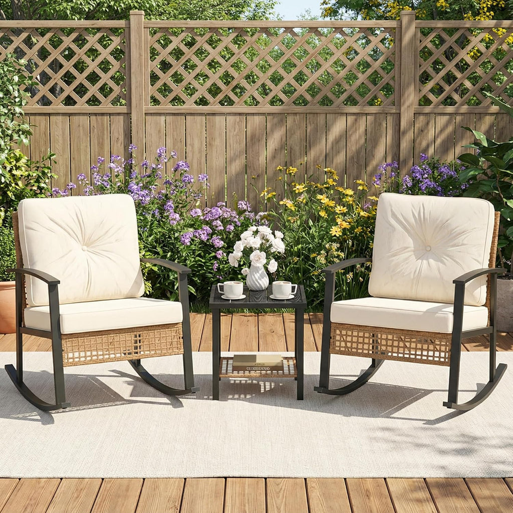 3-Piece Outdoor Rocking Chairs Bistro Set, Rattan Patio Furniture with Thick Warm Beige Cushions & 2-Tier Storage