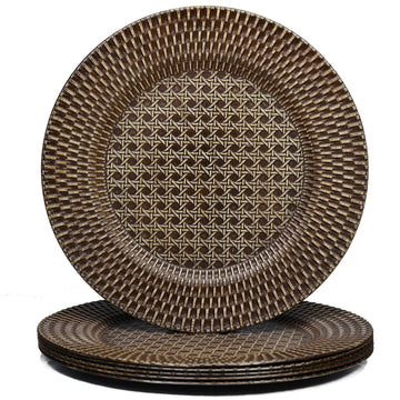 Faux Rattan Plastic Rustic Charger Plates, Set of 6 Elegant Round Plate Chargers for Dinner, Decorative for Events
