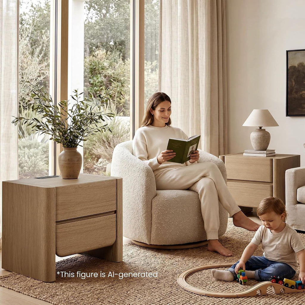 26" Nightstand with Charging Station, Large Bedside Table with 2 Handleless Storage Drawers,2.4" Thick Panel Legs &