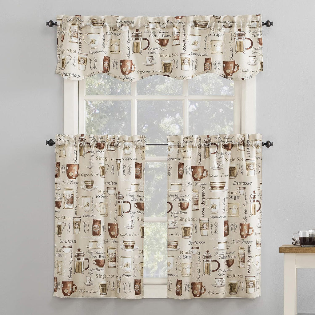 Bristol Coffee Shop Semi-Sheer Rod Pocket Kitchen Curtain Valance and Tiers Set, Ivory Off-White