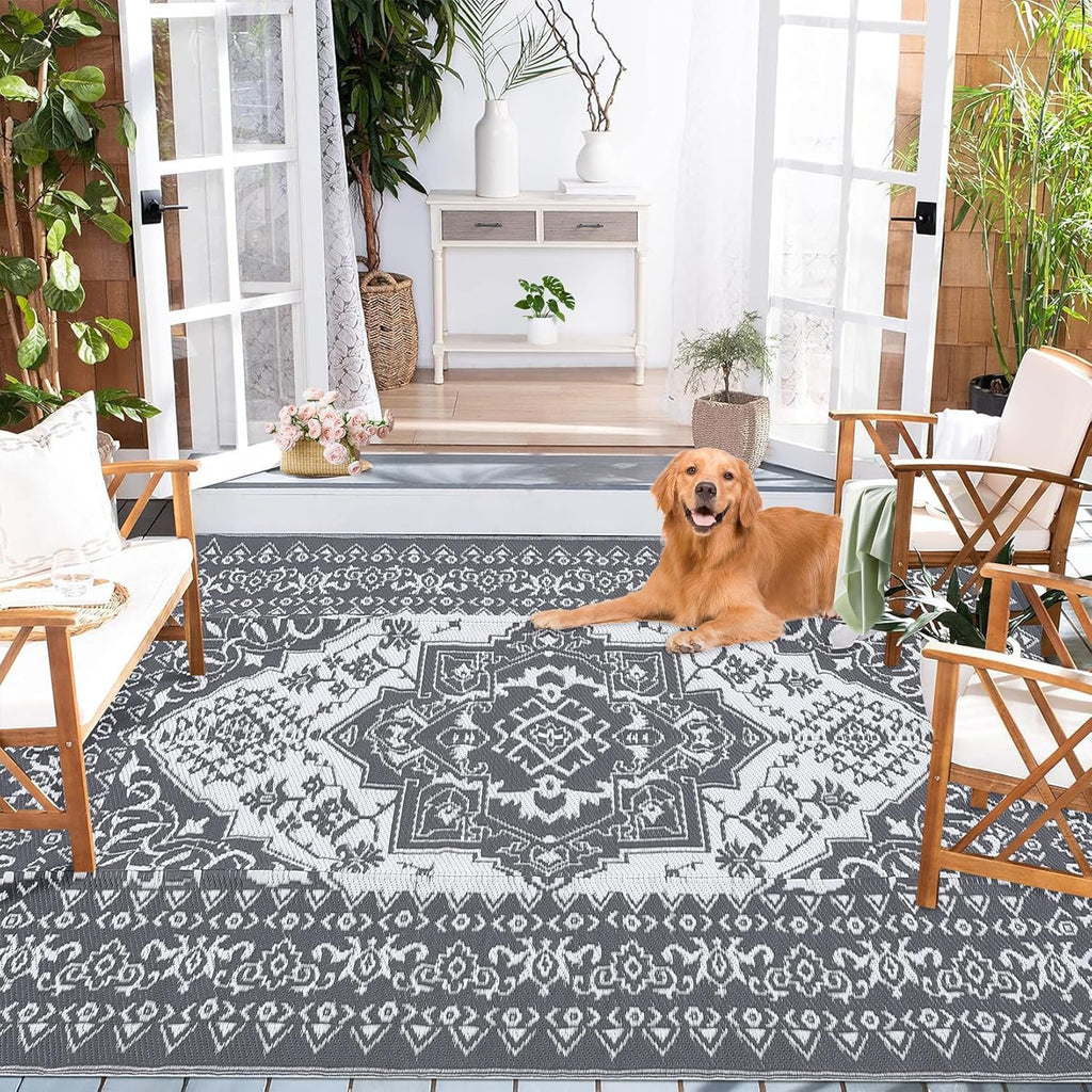 9x12 Outdoor Rug Waterproof Reversible Mat Indoor Outdoor Rugs Carpet, Boho Vintage Large Outdoor Pl