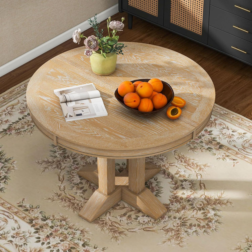 Farmhouse Expandable Round Dining Table, 42 to 56 Inch Vintage Solid Wood Kitchen Table with Removable Oval Leaf