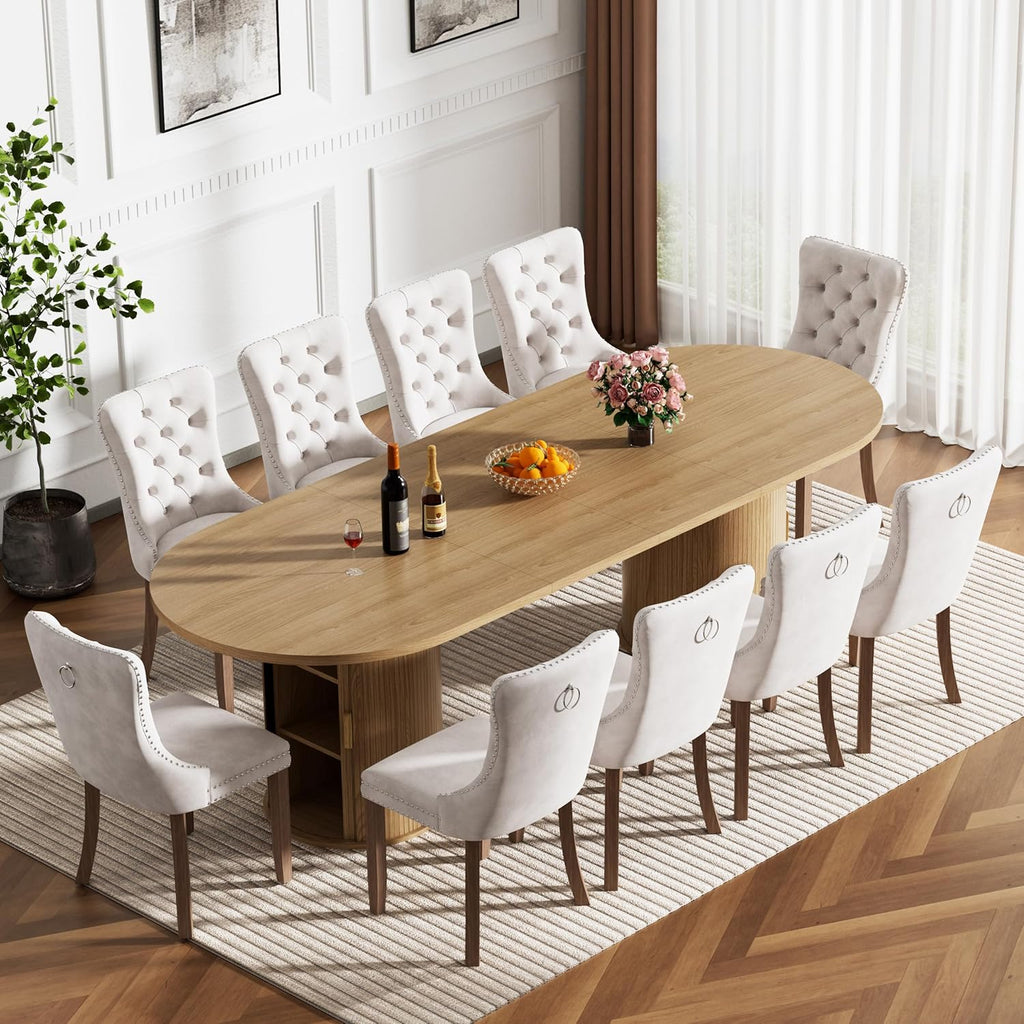 Round Extendable Dining Table, 94" Extendable Dining Room Table for 10, Retro Wooden Kitchen Expanding Table Oval Top