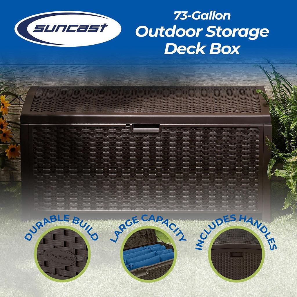 Outdoor Storage Box - 73 Gallon Mocha Brown Deck Box , weather-resistant Outdoor Storage Bench, Resin Wicker Style