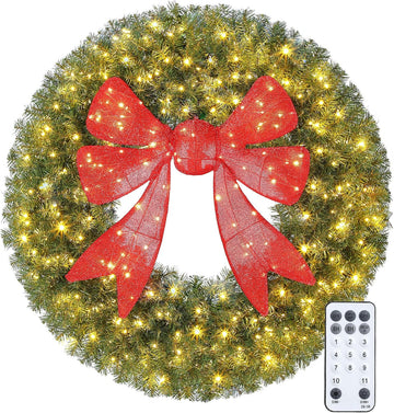 48in Flocked Pre-Lit Artificial Christmas Wreath with 3D Red Bow