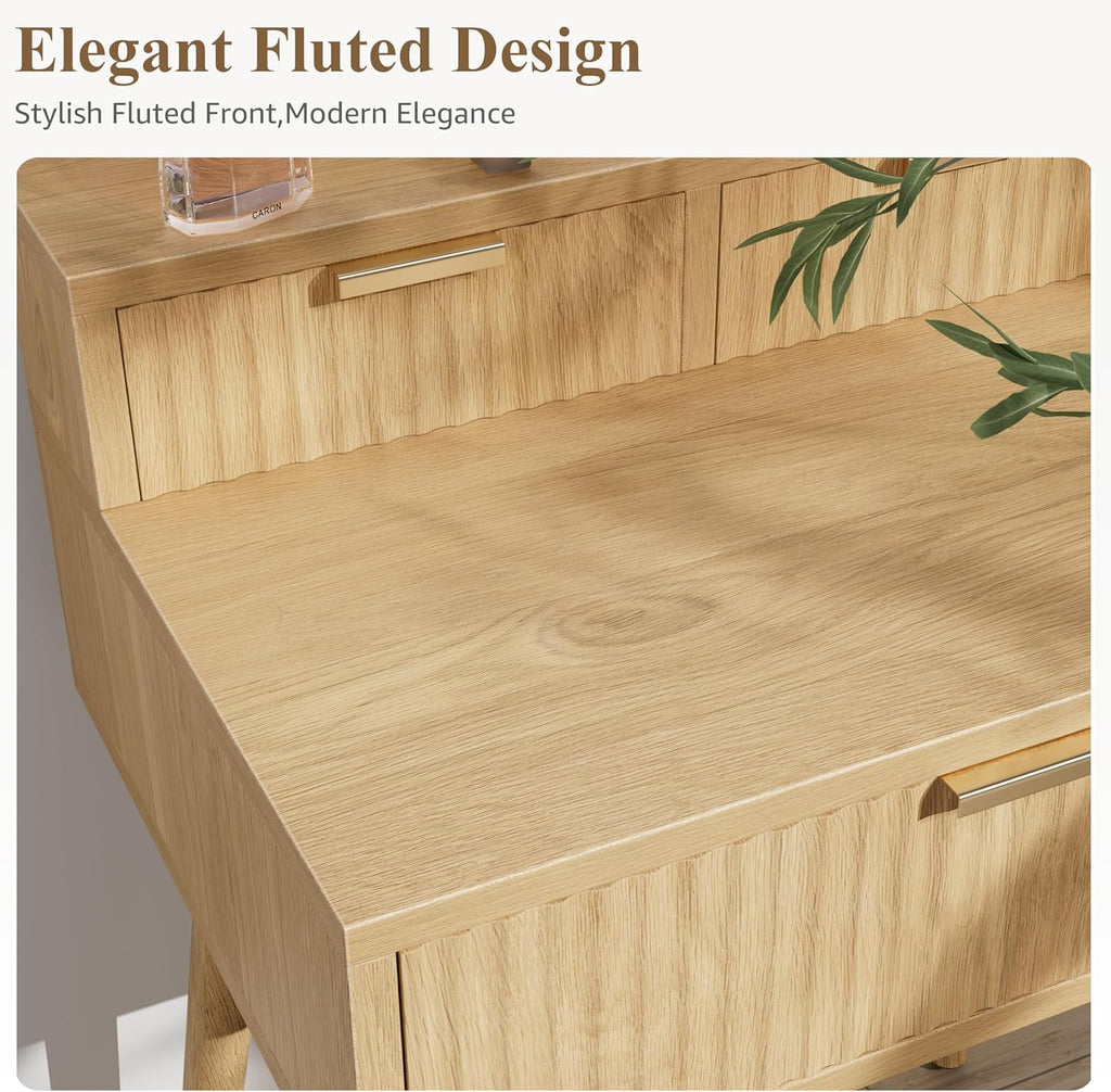 Small Vanity Desk with Hollywood Mirror and Lights, Girls Vanity with Stool, Fluted Vanity Set, Compact Make Up Table