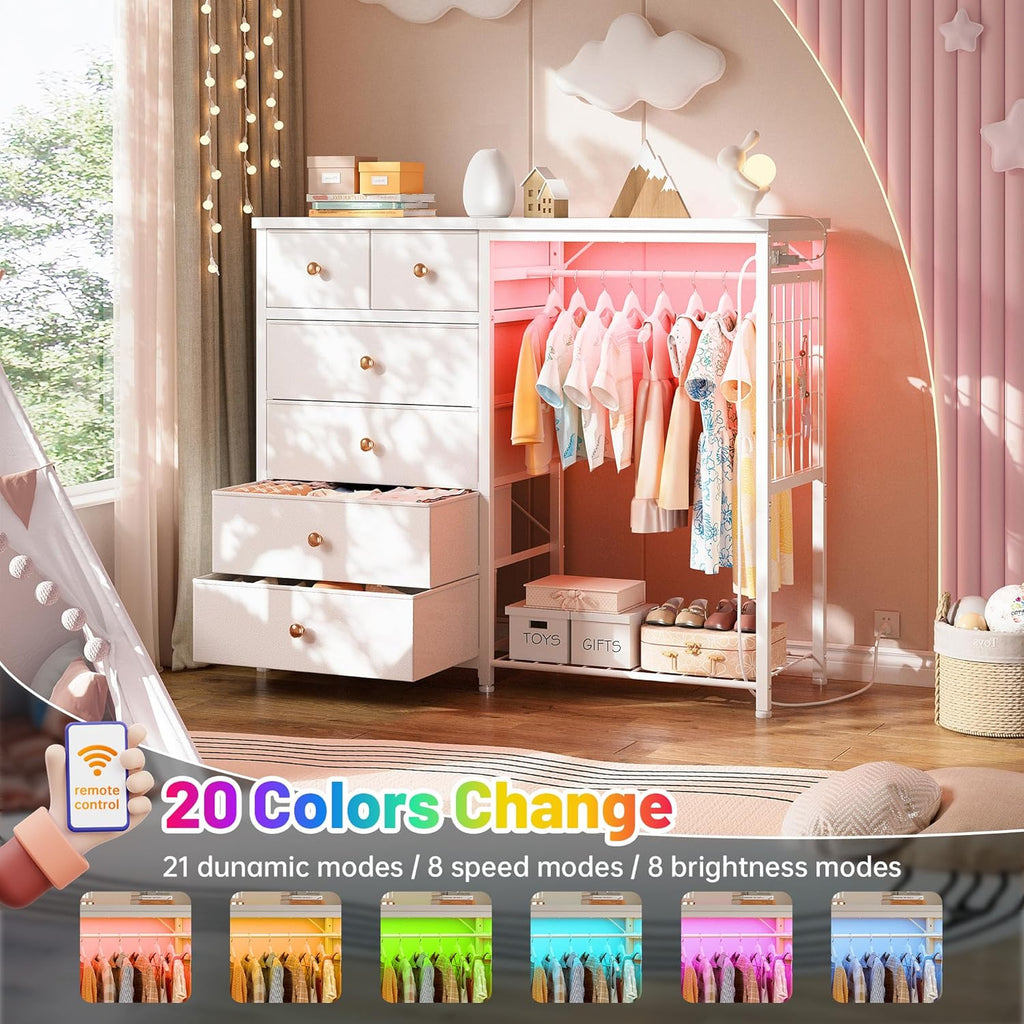 49.2" W Dresser with Hanging Rack & 6 Drawers, Grid Panel & 4 Hooks | Featuring LED Lights and Charging Station