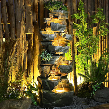 58" H Outdoor Water Fountain with 7 Tiers New Upgraded Large Cascading Realistic Rock Waterfall Fountains with Lights