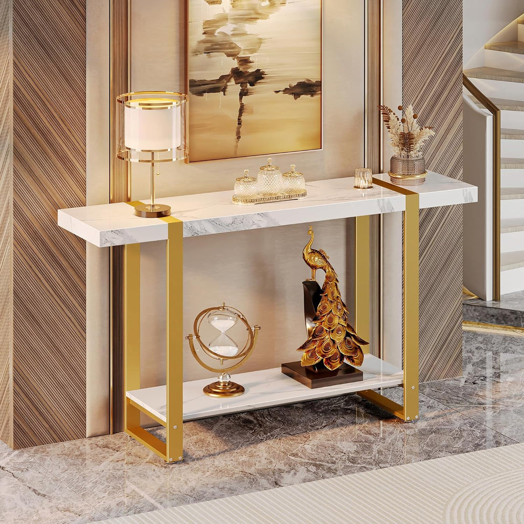 47.2 Inch Entryway Table with Marble Top, 2-Tier Modern Console Sofa Table with Storage, Accent Table, for Entry
