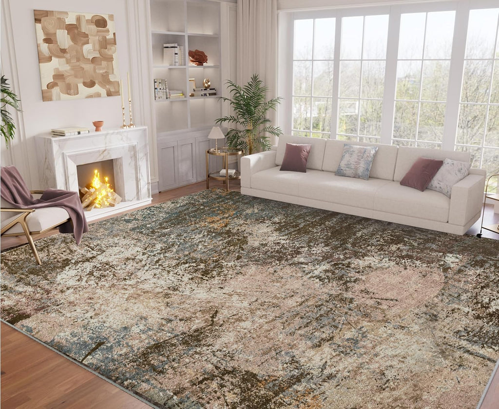 Modern Abstract Rug for Living Room, Washable Area Rug with Non-Slip Backing & Short Pile, Large Carpet with