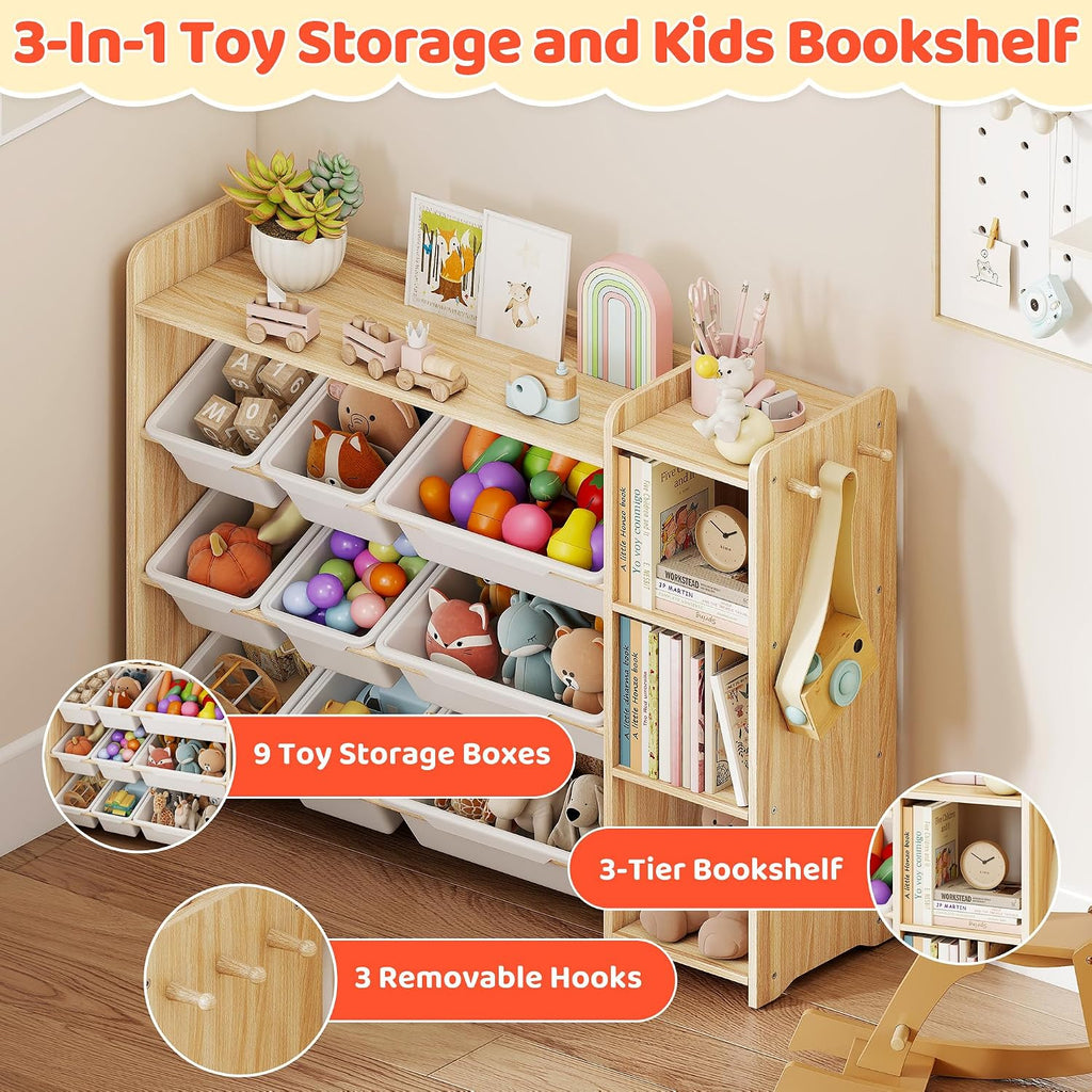 Toy Storage Organizer with Bookshelf, Kids Toy Storage and Organizers with 3 Shelves/9 Bins/3 Hooks, Bin Shelf, Toy