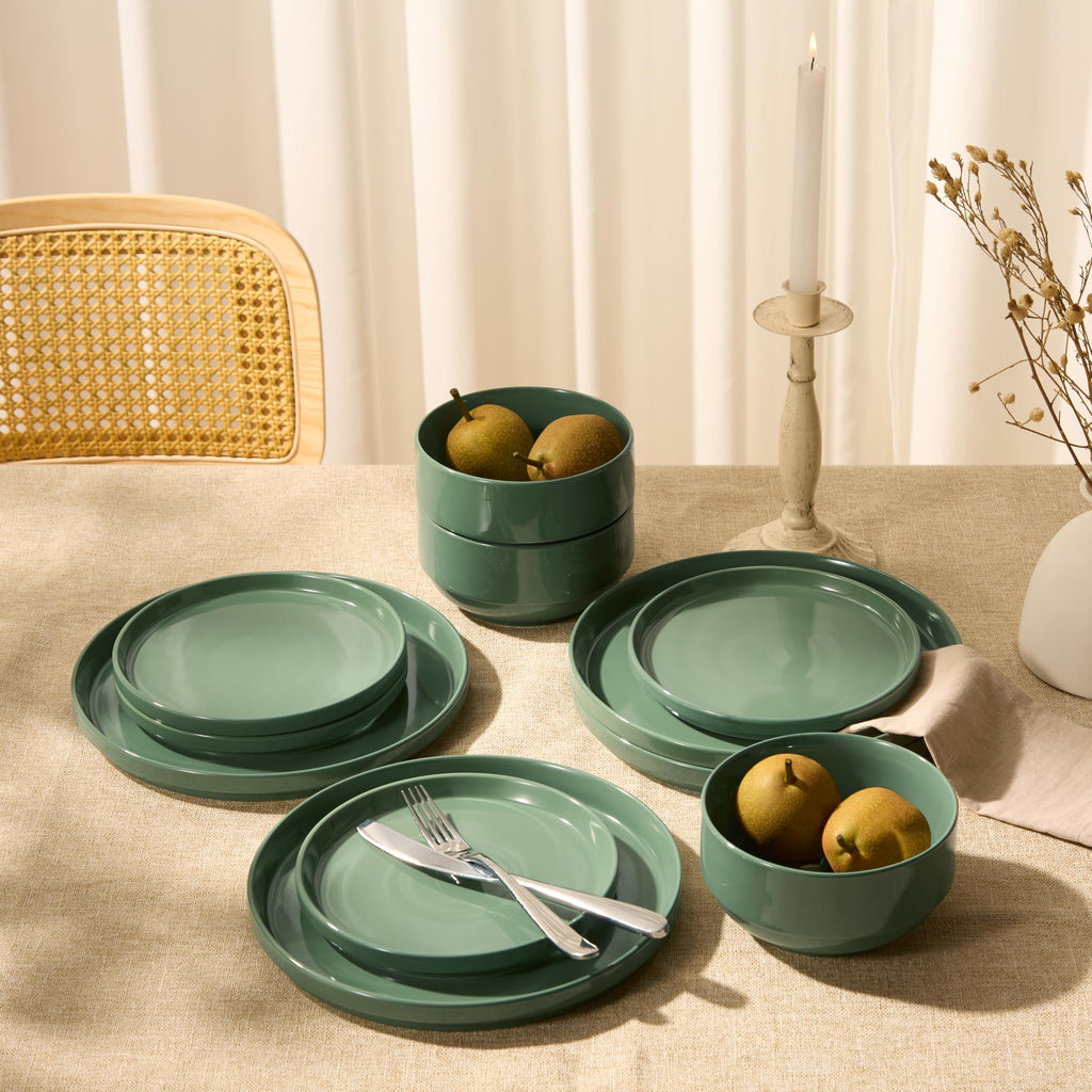 Ceramic Dinnerware Set, 12-Piece Service for 4, Round, Microwave and Dishwasher Safe, Cambridge Classics (Dusty Jade)