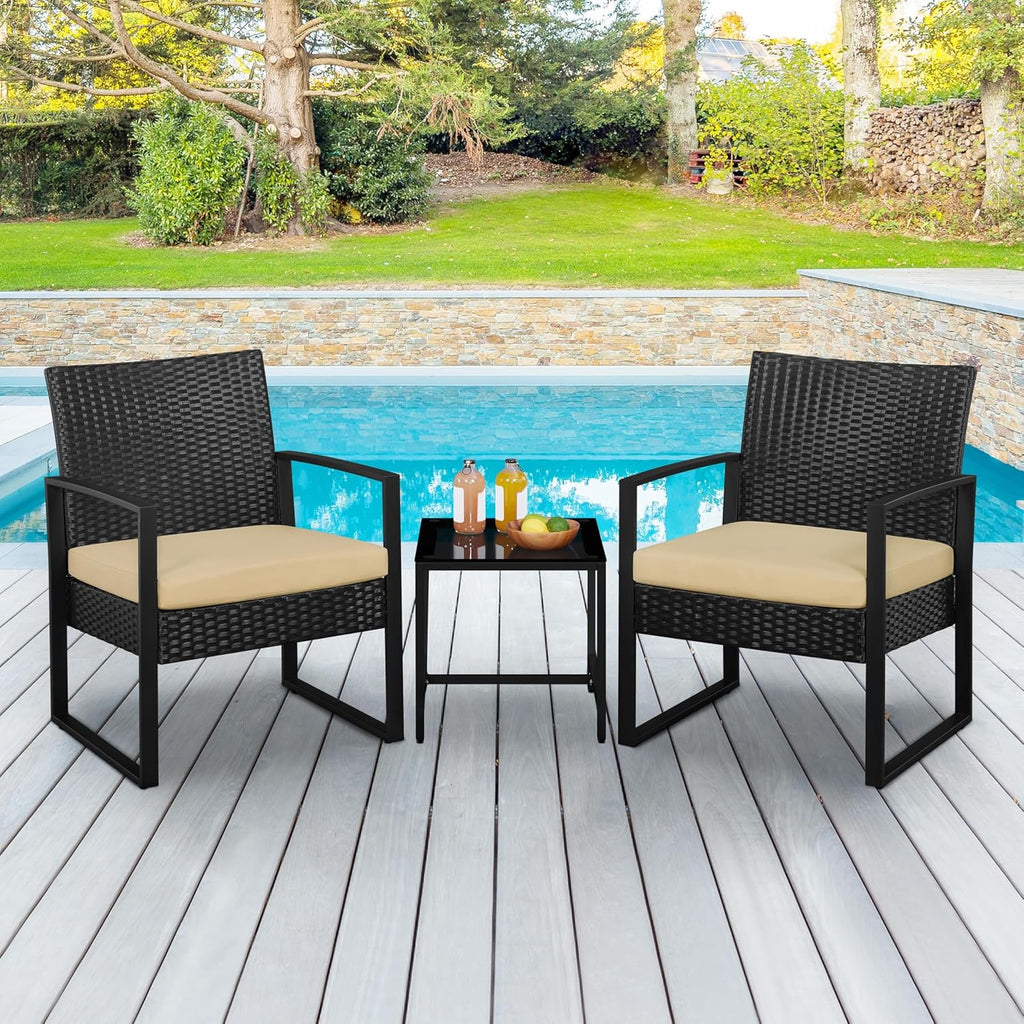 3 Pieces Rattan Bistro Set, Indoor/Outdoor Wicker Patio Modern Conversation Furniture