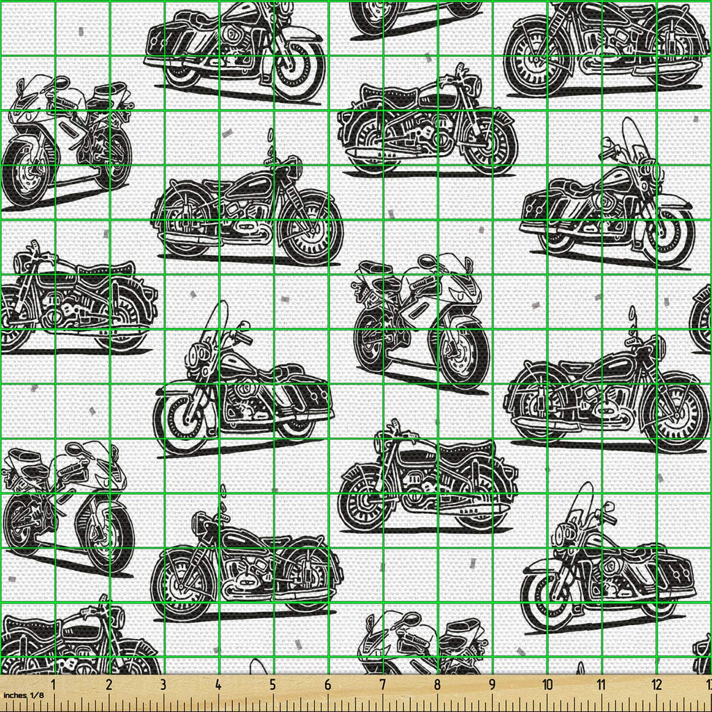 Motorcycle Fabric by The Yard, Indoor and Outdoor Projects Retro Motorcycle Drawings of Old Fashion Modern on White