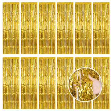 Gold Fringe Curtain Party Streamers, 12 Pack 3.3ft x 8.2ft Foil Curtain Backdrop Tinsel Foil Fringe Curtains Photo