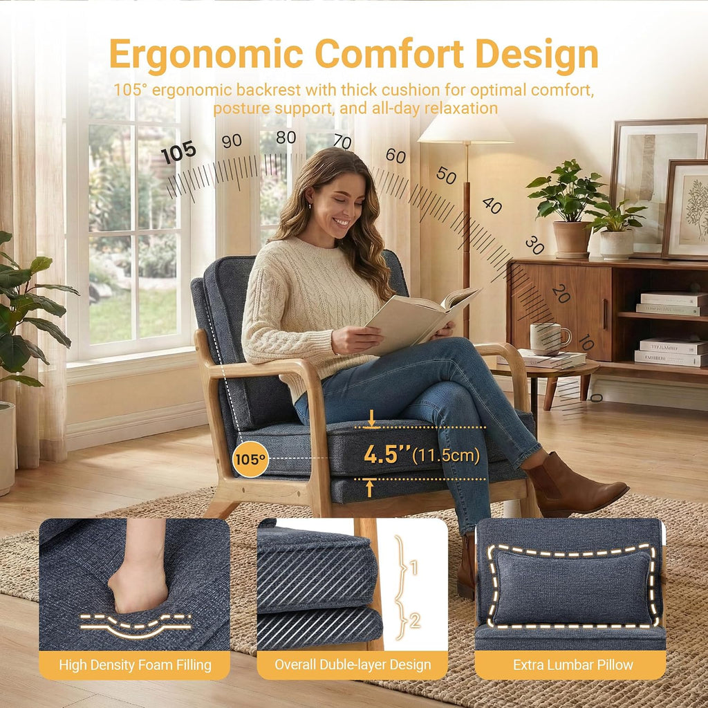 Modern Accent Chair Mid Century Wooden Upholstered Armchair with Lumbar Pillow & Removable Soft Cushion, Reading