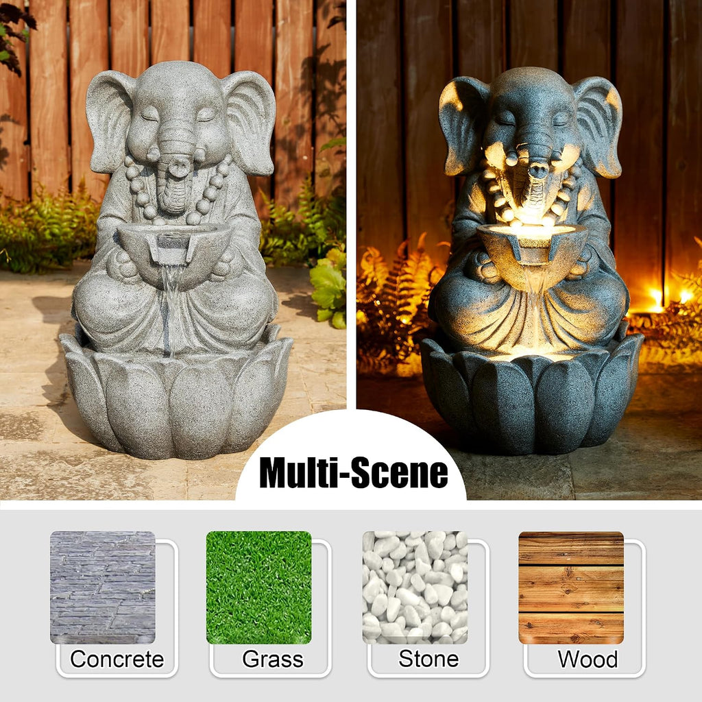 Outdoor Fountains and Waterfalls Zen-Style Concrete Resin Elephant Water Fountains with LED & Pump, Garden Patio