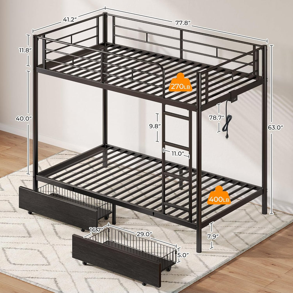 Metal Bunk Bed Twin Over Twin with USB Charging Station, LED Bunk Bed with 2 Storage Drawers
