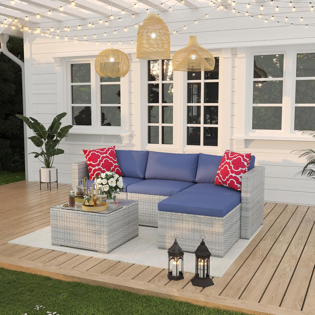 5 Piece Patio Furniture Set, Rattan Sectional Sofa with Glass Storage Table | Rust-Resistant Steel Frame,PE