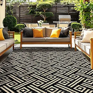 Outdoor Rug 9x12, Plastic Straw Rug, Beige & Black