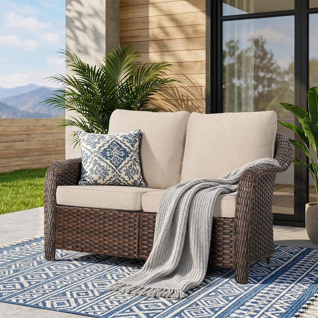 55 inch Outdoor Wicker 2 Seater Sofa, All-Weather Use Patio Rattan Loveseat with Seat and Back Cushion, Ideal for