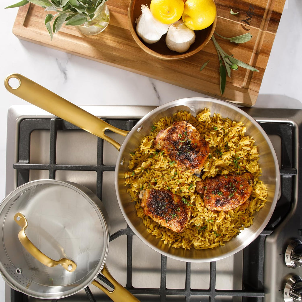Platinum Sunstreak Pots and Pans Set, 10-Piece Stainless Steel Cookware Set with Glass Strainer Lids and Gold