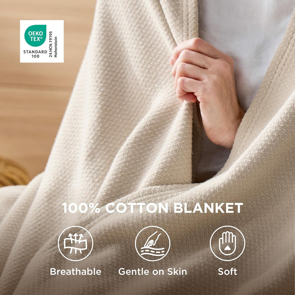 GentleSoft 100% Cotton Large Throw Blanket, Soft Cozy Herringbone Woven Cotton Throw for Summer, Linen Beige Office