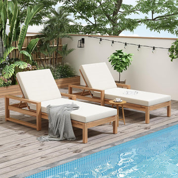Acacia Wood Outdoor Chaise Lounge Set of 2, Patio 5-Postion Lounge Chairs with Adjustable Backrest & Beige Cushions