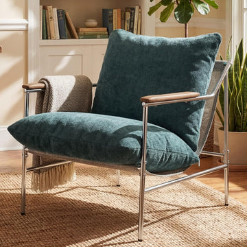 Comfy Chenille Accent Chair, Modern Single Reading Sofa Chair with Tall Arm, Corner Balcony Armchair w/Metal Frame