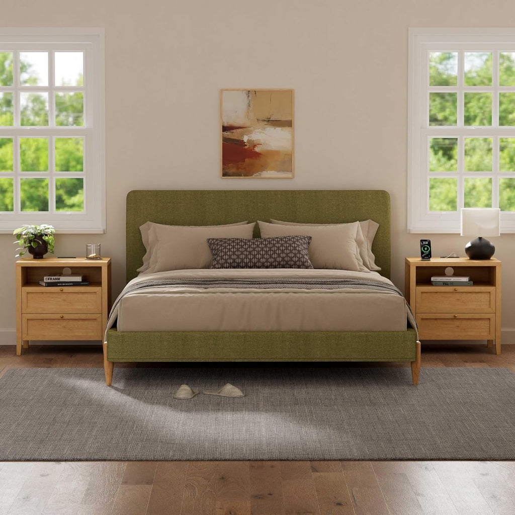Modern Nightstand with 2 Drawers Wooden End Table with Charging Station Farmhouse Night Stand Bedside Side Table with