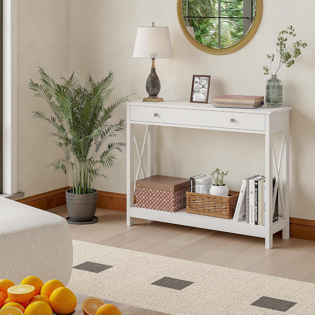 White Console Table with Drawer and Storage Shelves, Foyer Sofa Table Narrow