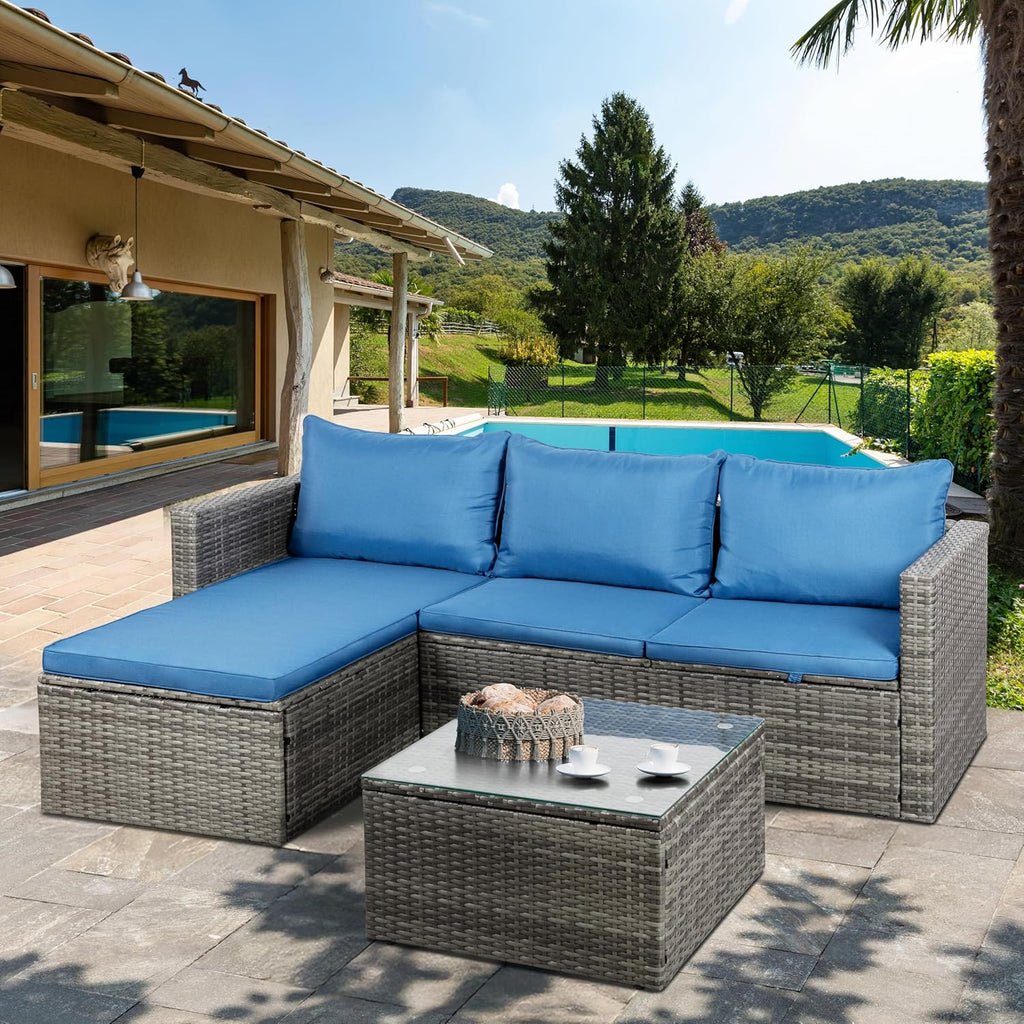 Outdoor Patio Furniture Sets, Small Outdoor Sofa Patio Sectional Sets 3-Piece All Weather Wicker Rattan Seating Sofas