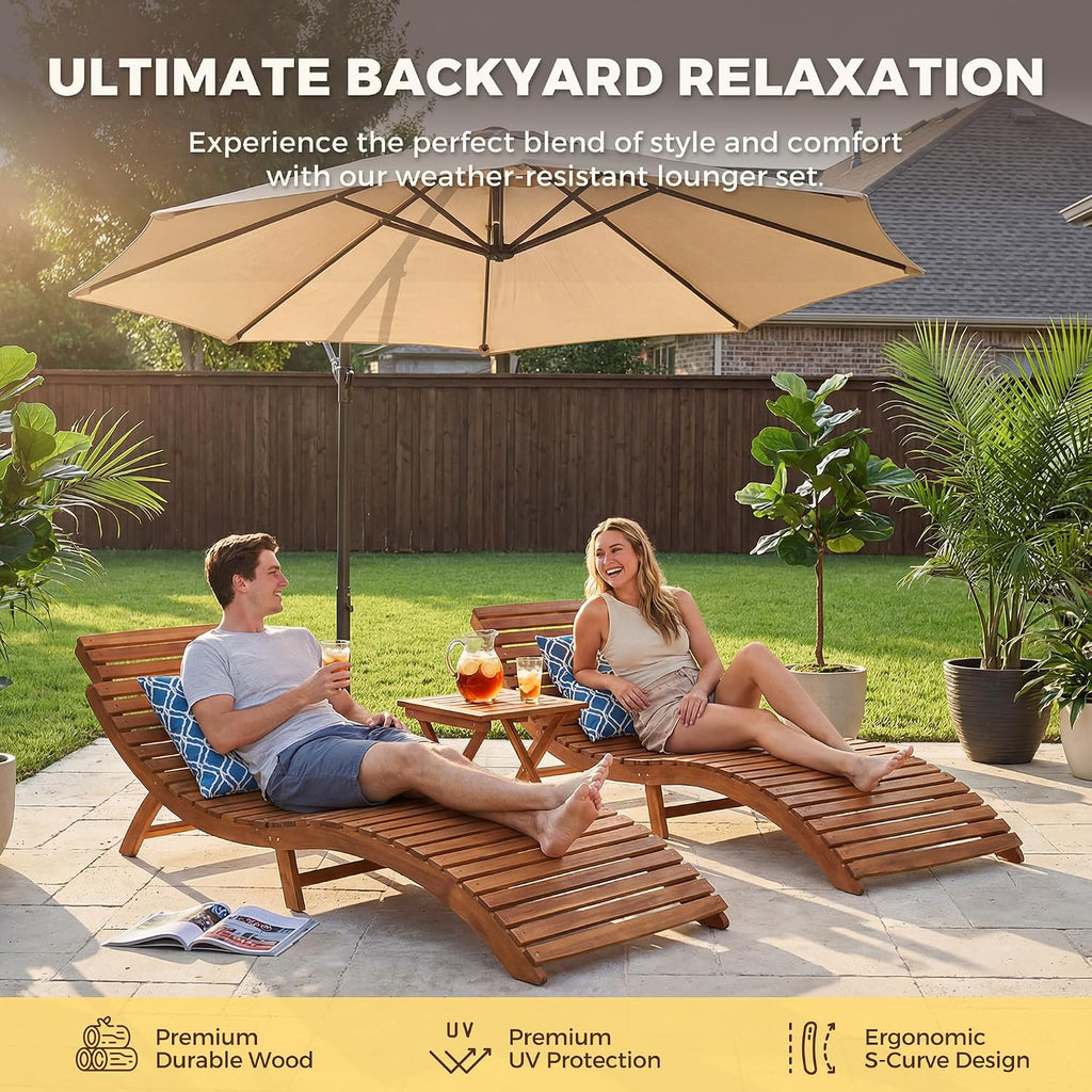 Lounge Chair Outdoor Acacia Wood with Side Handle (2 Pieces) | Foldable Pool Lounge Chairs, Outdoor Lounge Chairs
