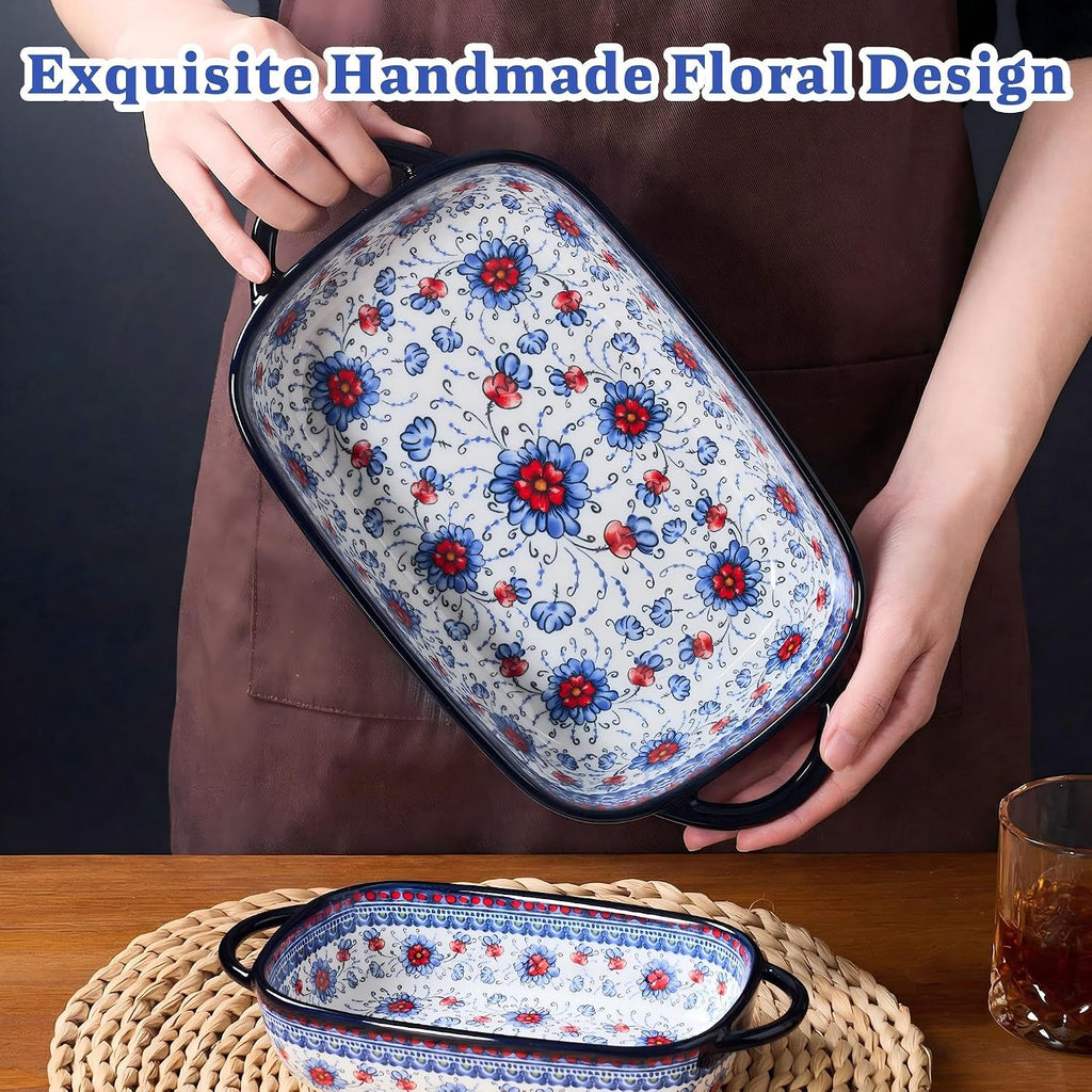 Ceramic Casserole Dishes for Oven, Hand-painted Polish Pottery Dish Set of 2, 0.8QT / 2QT Porcelain Casserole Dishes
