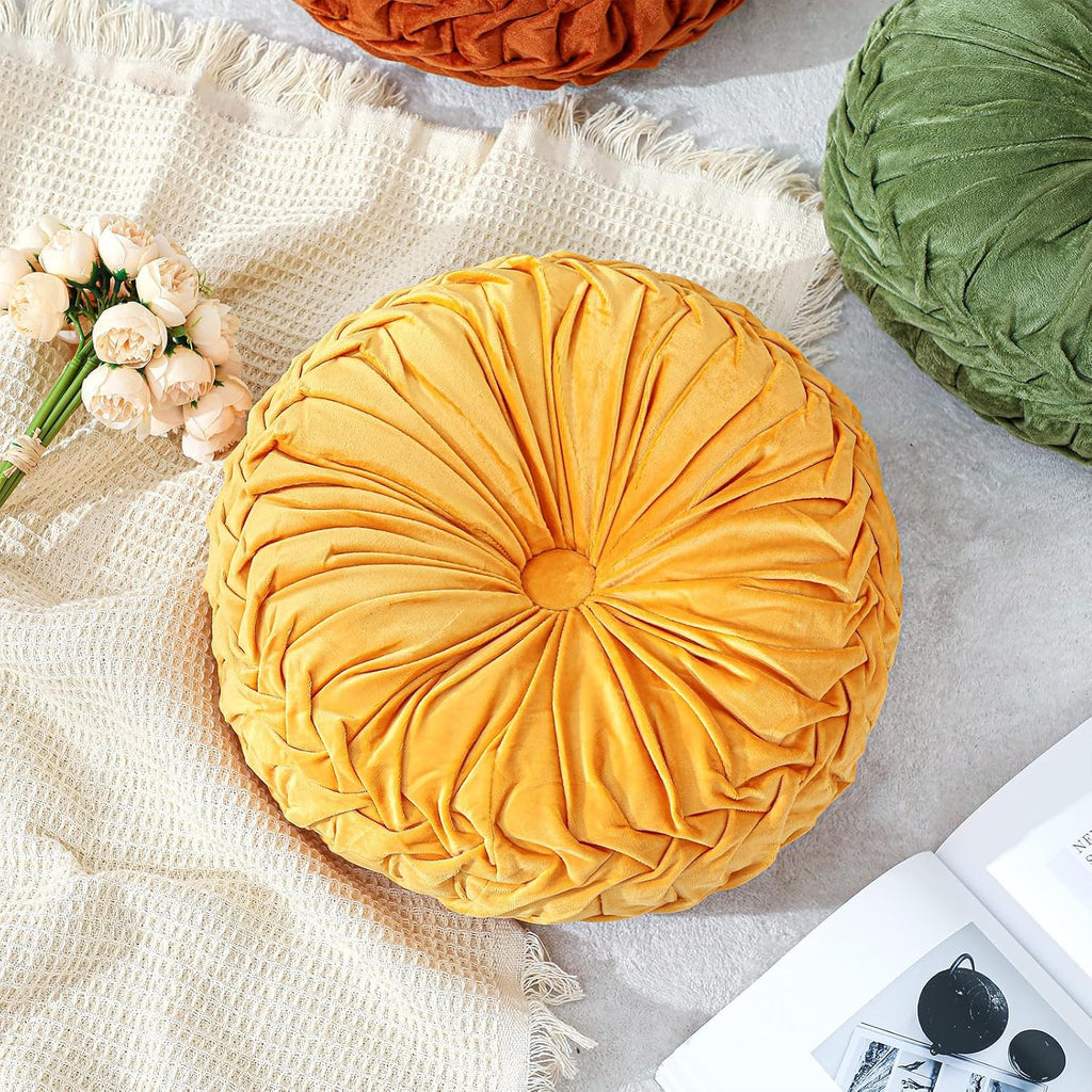1 Pcs Round Throw Velvet Pillows Decorative Pleated Throw Pillows Diameter Accent Pumpkin Boho Chair Cushion,15'')
