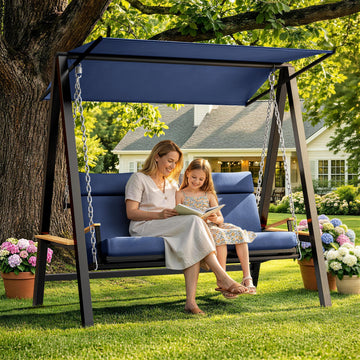 3-4 Seat Porch Swing with Stand, 990 lb Capacity, Blue