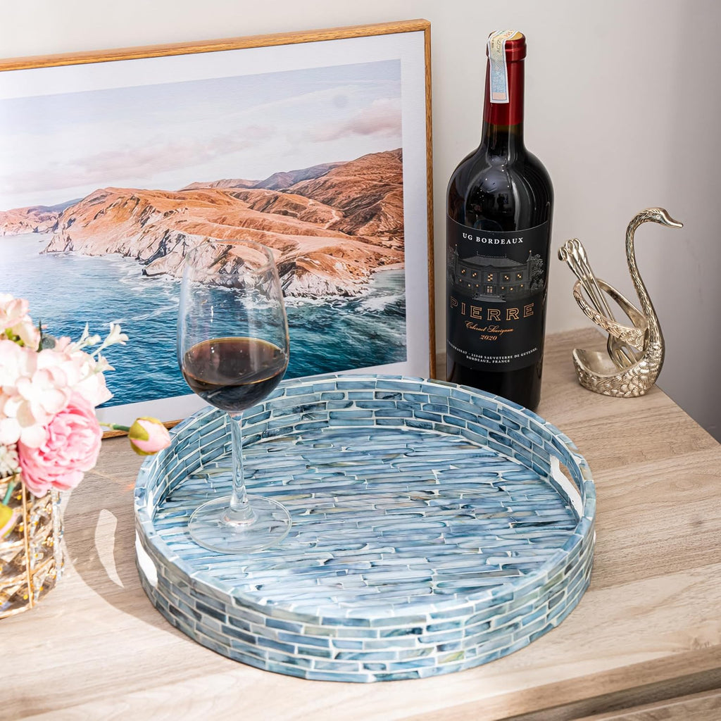 12.6" Mother of Pearls Lacquer Inlaid Round Serving Tray with Handles, Round Decorative Nacred Wooden Ottoman Coffee
