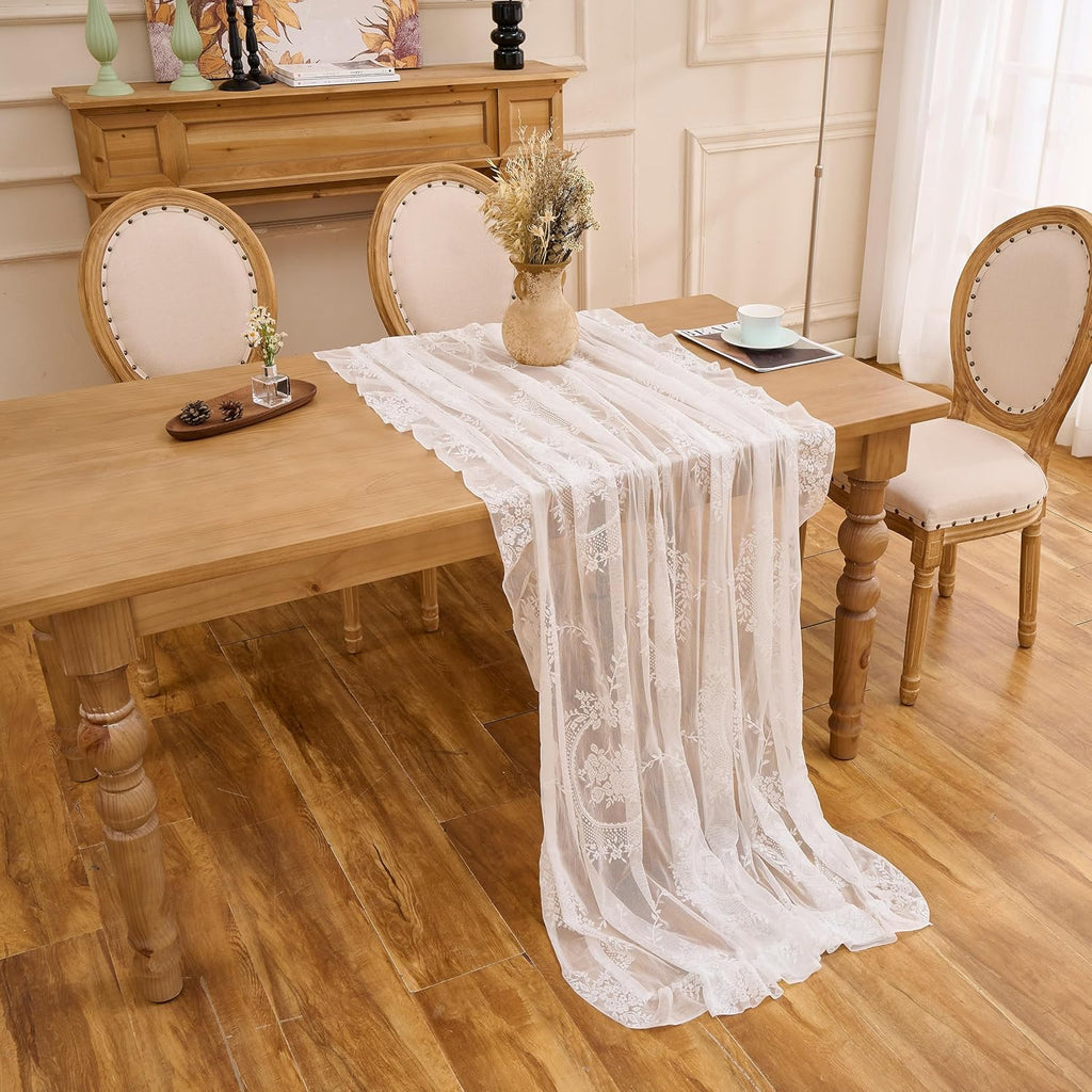 Lace Tablecloth with Ruffled Hem, Floral Embroidered Table Cover, Vintage Elegant Style (White, 55”x