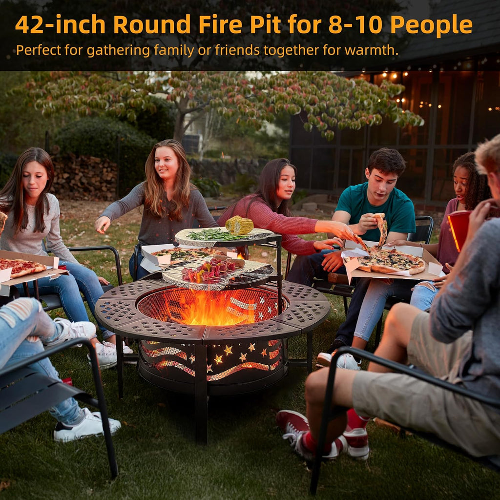 42" Outdoor Fire Pit with 2 Grills - Wood Burning Firepit for Outside with Cover & Poker