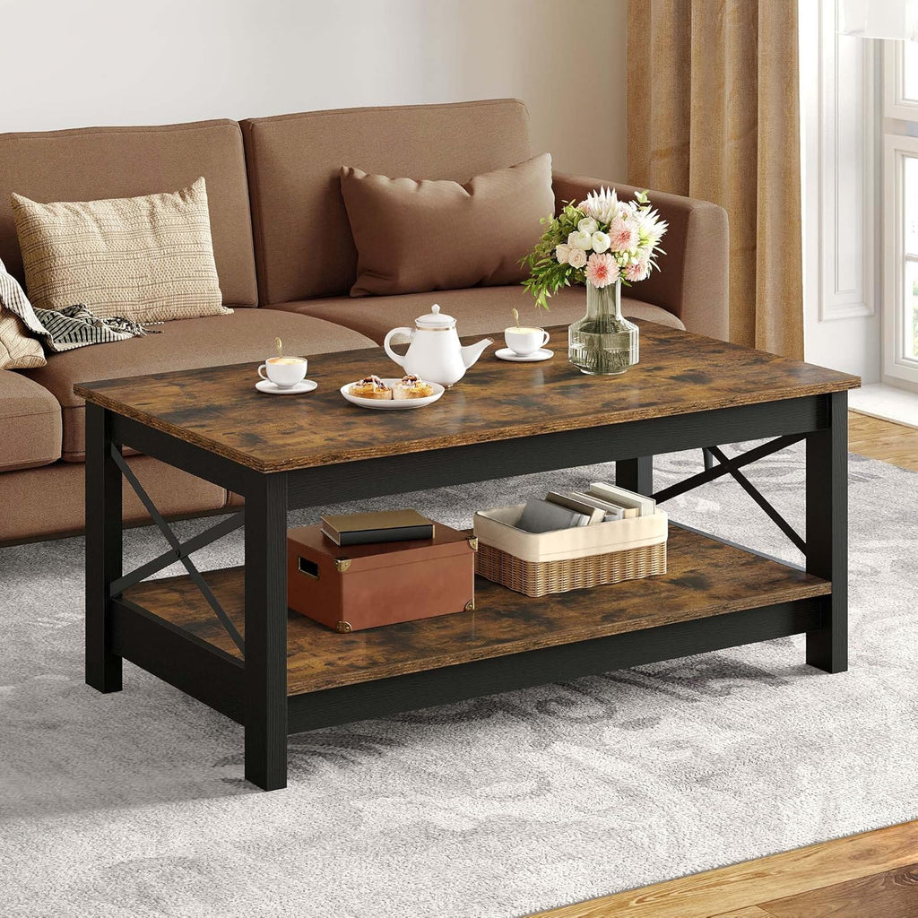 Coffee Tables, Modern Farmhouse Coffee Table with Storage, 2-Tier Center Table Wood Table Accent Cocktail with Stur...