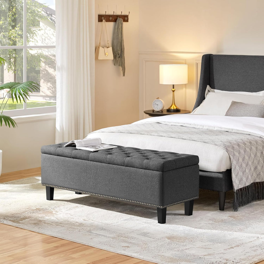 49in Square Storage Ottoman Coffee Table with Nailhead, Dark Gray | Button-Tufted Linen-Look Fabric Bench, 3.5C