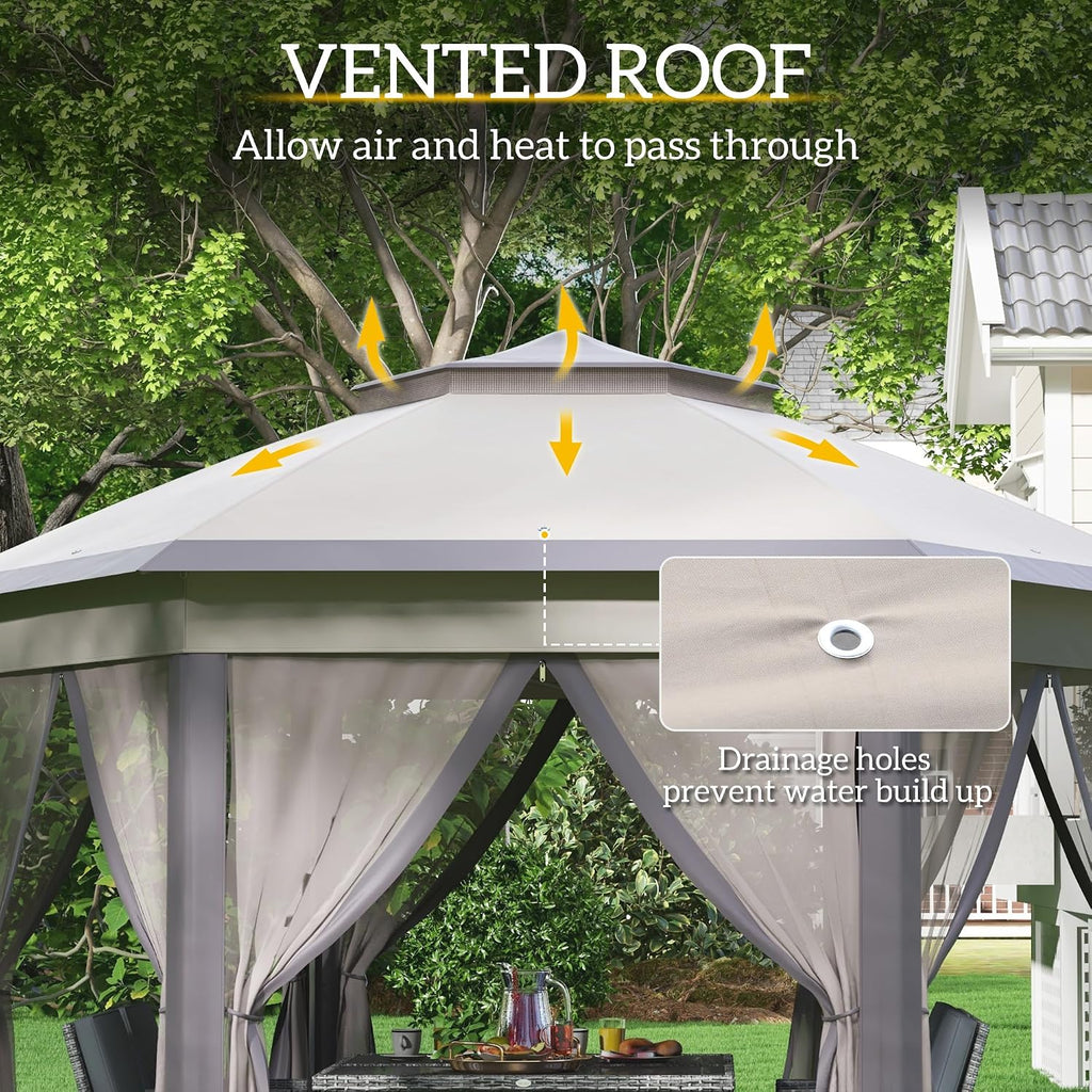 13' x 13' Pop Up Gazebo, Hexagonal Canopy Shelter with 6 Zippered Mesh Netting
