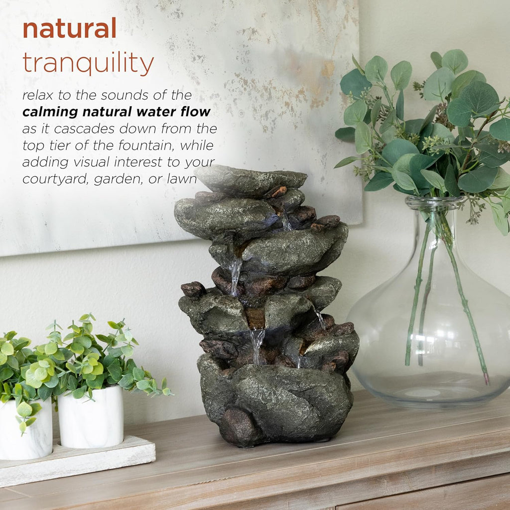 14" Indoor Tabletop Rainforest Rock Water Fountain with LED Lights, Tiered Desktop Fountain and Office Décor, Gray