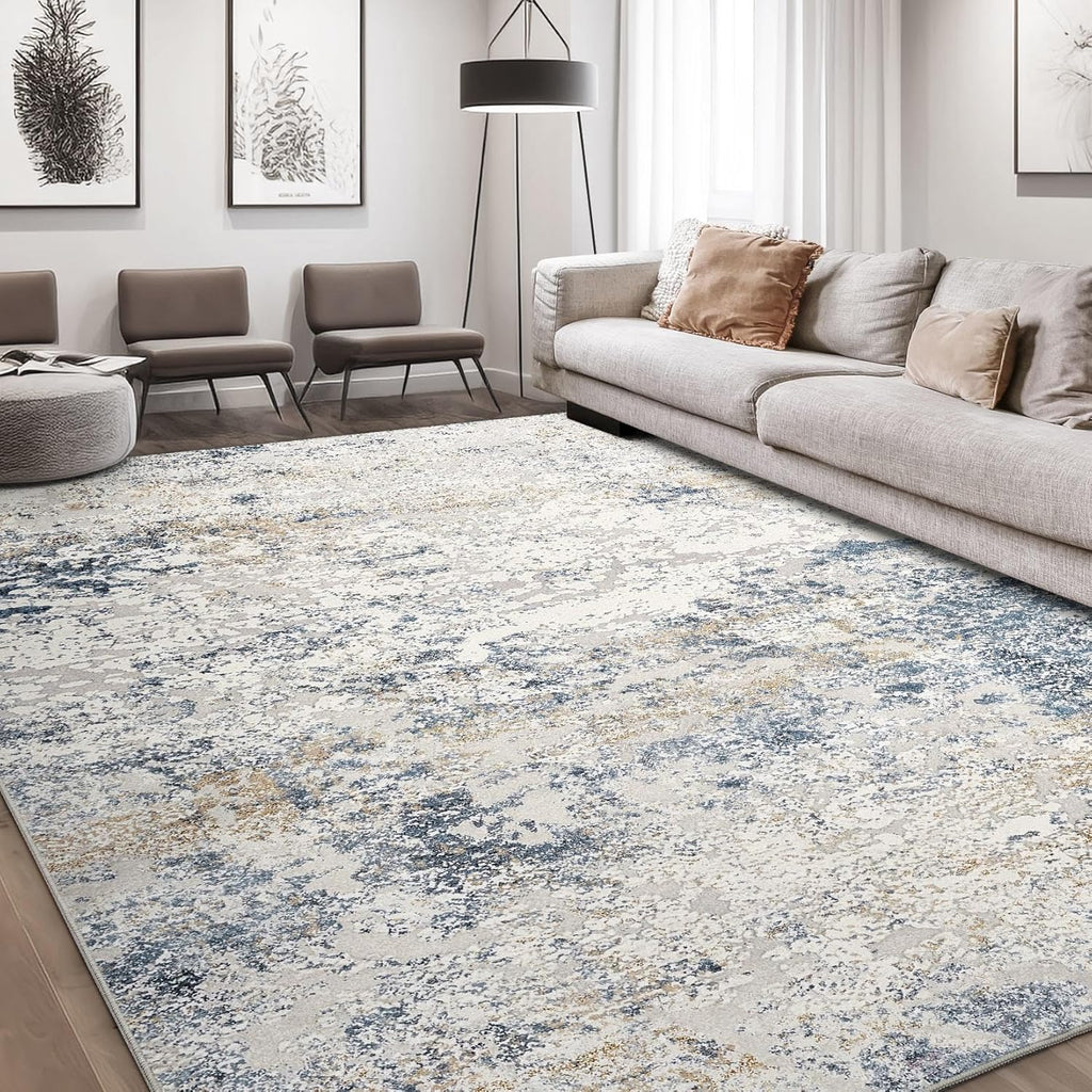 Area Rug Living Room Rugs - 8x10 Abstract Large Soft Indoor Washable Rug Neutral Modern Low Pile Carpet for Bedroom